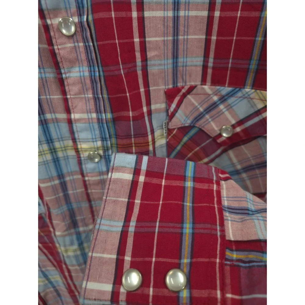 Levis Western Shirt Mens 2XL Red Plaid‎ Pearl Snap Cowboy Rodeo Vaquero